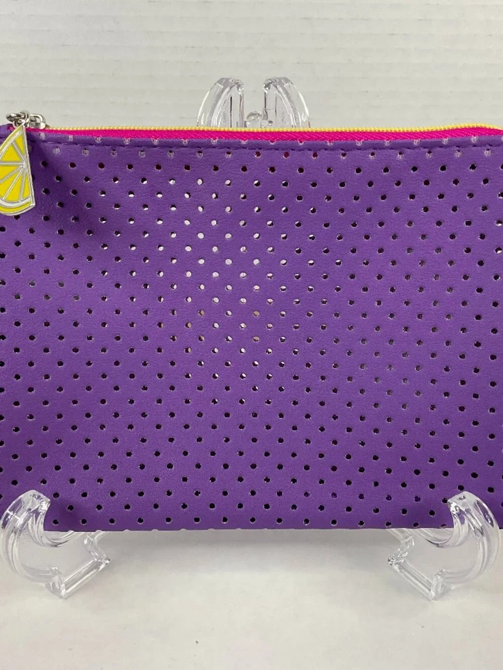 IPSY Purple Perforated Makeup Bag Cosmetic Pouch with Lemon Zipper Charm New